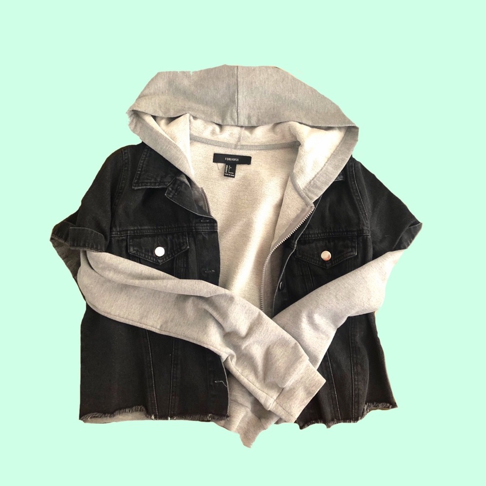 forever 21 black denim jacket hoodie double sleeve